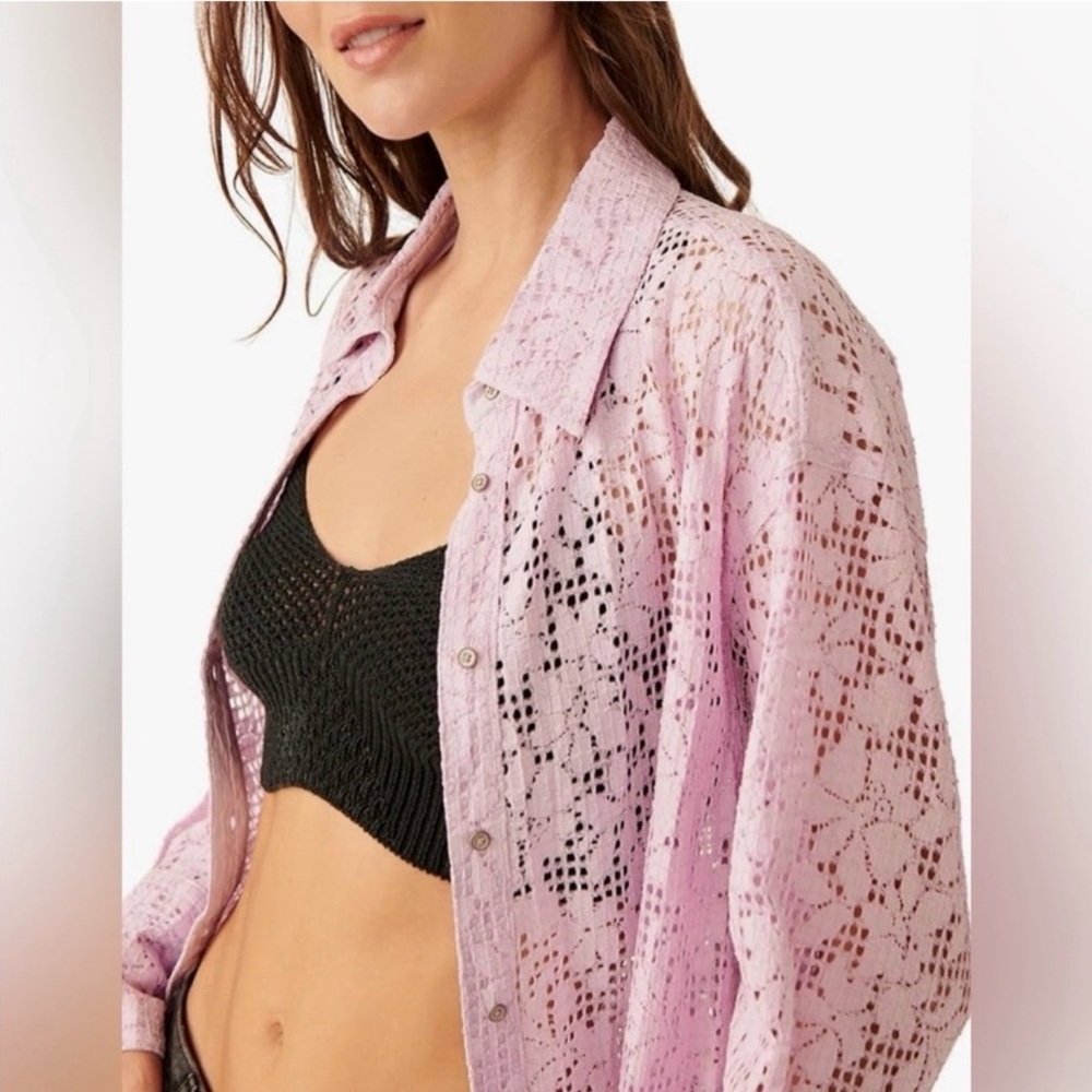 Free People In your Dreams lace button up long sleeve lavender top sz m